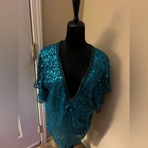 Roamans Sequins teal blouse 20W NWT Vintage , P2P 24
